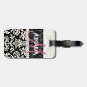 Zwart & Wit Bloemen Damasks Gepersonaliseerd Bagagelabel (Achterkant horizontaal)
