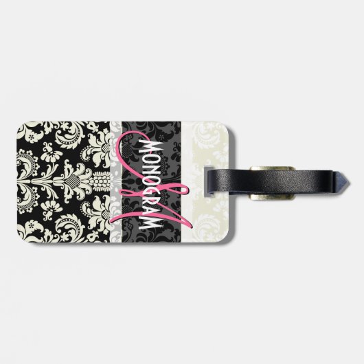 Zwart & Wit Bloemen Damasks Gepersonaliseerd Bagagelabel (Achterkant horizontaal)