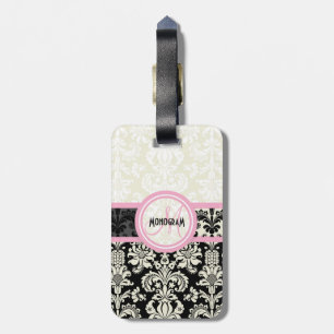 Zwart & Wit Bloemen Damasks Gepersonaliseerd Bagagelabel