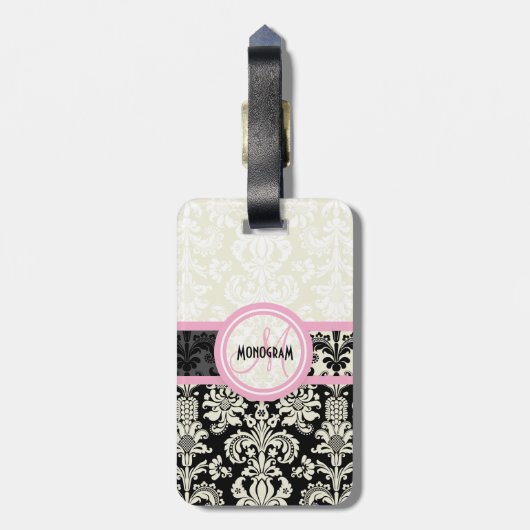 Zwart & Wit Bloemen Damasks Gepersonaliseerd Bagagelabel (Achterkant verticaal)