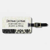 Zwart & Wit Bloemen Damasks Gepersonaliseerd Bagagelabel (Voorkant horizontaal)