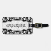 Zwart & wit Bloemen Damasks Monogramed Bagagelabel (Voorkant horizontaal)