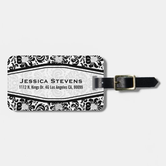 Zwart & wit Bloemen Damasks Monogramed Bagagelabel (Voorkant horizontaal)