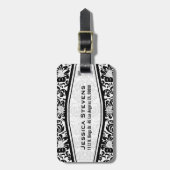 Zwart & wit Bloemen Damasks Monogramed Bagagelabel (Voorkant verticaal)