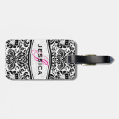 Zwart & wit Bloemen Damasks Monogramed Bagagelabel (Achterkant horizontaal)