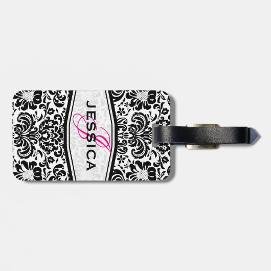 Zwart & wit Bloemen Damasks Monogramed Bagagelabel (Achterkant horizontaal)