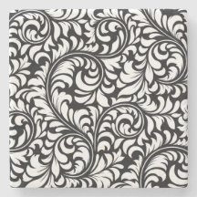 Zwart & Wit Bloemen Damast Marmeren Onderzetter