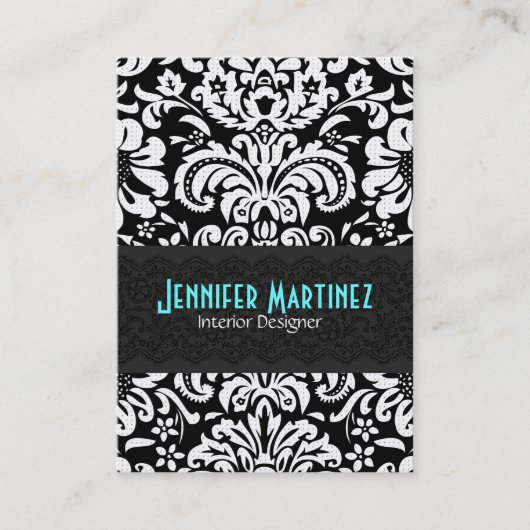 Zwart & Wit  Bloemen Damast Patroon 4 Visitekaartje (Voorkant)