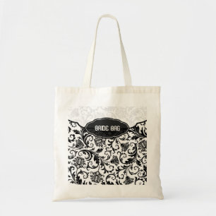 Zwart & Wit Bloemen Damast Patroon-Monogram Tote Bag
