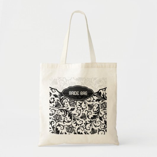 Zwart & Wit Bloemen Damast Patroon-Monogram Tote Bag (Voorkant)