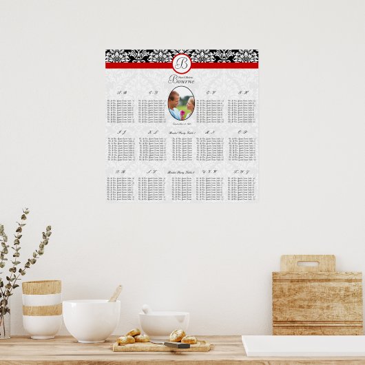 Zwart-wit Bloemen DamastRood Trim Foto Poster (Keuken)