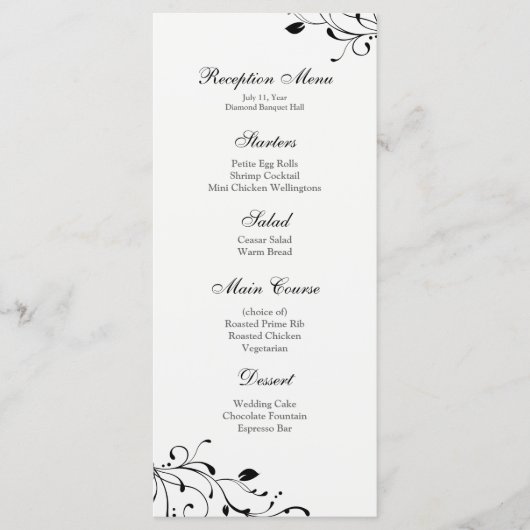 Zwart-wit Bloemen Decal Receptie Menu (Voorkant)