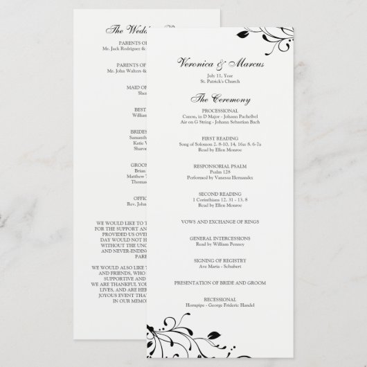 Zwart & Wit Bloemen Decal Trouwprogramma Programmakaart (Voorkant / Achterkant)