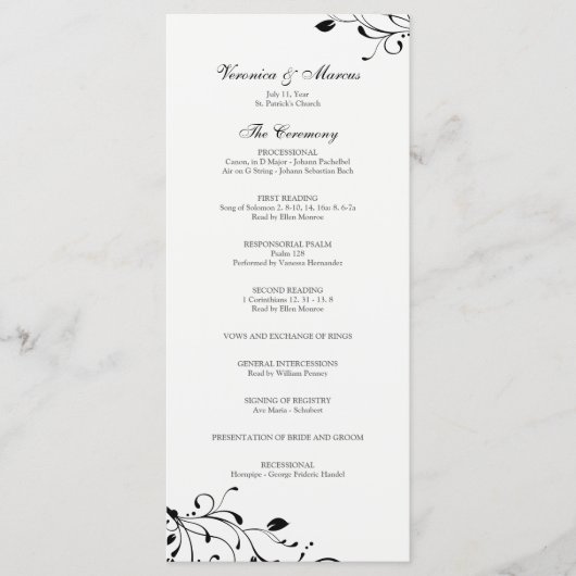 Zwart & Wit Bloemen Decal Trouwprogramma Programmakaart (Voorkant)