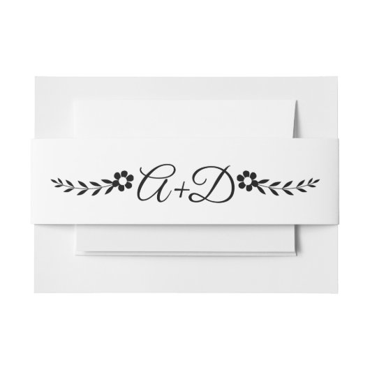 Zwart-wit bloemen en initialen bruiloft uitnodigingen wikkel (Voorkant Voorbeeld)