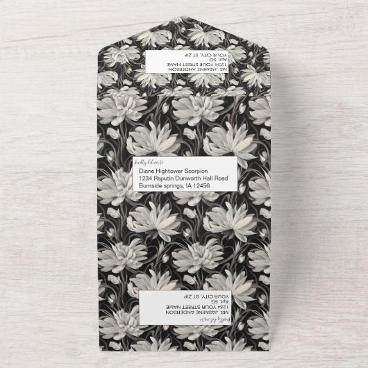 Zwart-wit Bloemen en Veren Bruiloft All In One Uitnodiging (Buitenkant)