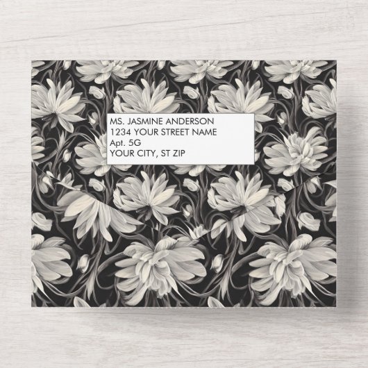 Zwart-wit Bloemen en Veren Bruiloft All In One Uitnodiging (Achterkant)