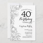 Zwart Wit Bloemen Foto 40e Verjaardagsfeest Kaart (Voorkant)