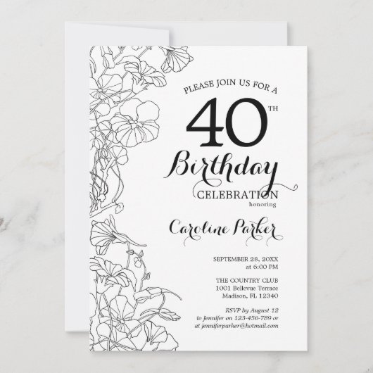 Zwart Wit Bloemen Foto 40e Verjaardagsfeest Kaart (Voorkant)