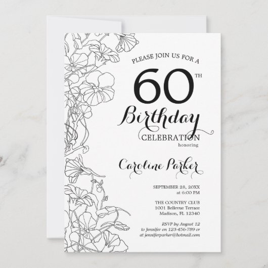 Zwart Wit Bloemen Foto 60e Verjaardagsfeest Kaart (Voorkant)