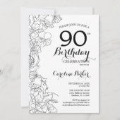 Zwart Wit Bloemen Foto 90e Verjaardagsfeest Kaart (Voorkant)
