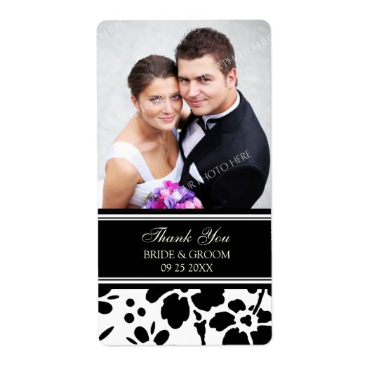 Zwart Wit Bloemen Foto Bruiloft Labels (Voorkant)
