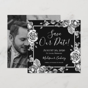 Zwart Wit Bloemen Foto Save Our Date Kaart