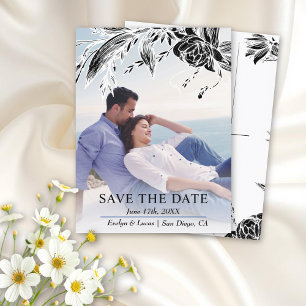 Zwart-wit bloemen foto Save the Date Briefkaart