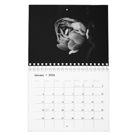 Zwart-wit bloemen fotografie kalender (Jan 2026)