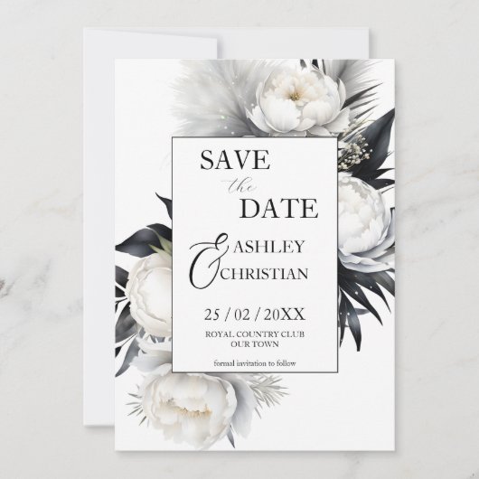 Zwart-wit bloemen fotosjabloon save the date (Voorkant)