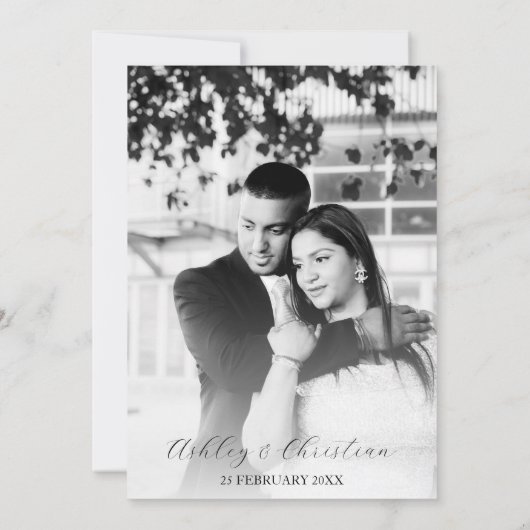 Zwart-wit bloemen fotosjabloon save the date (Achterkant)