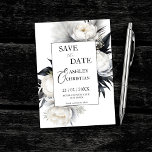 Zwart-wit bloemen fotosjabloon save the date<br><div class="desc">Zwart-wit boho pioenbloemen pampas grass elegante bruiloft opslaan van de datum bewerkbare sjabloon uitnodiging direct digitale download met foto aan de achterkant</div>