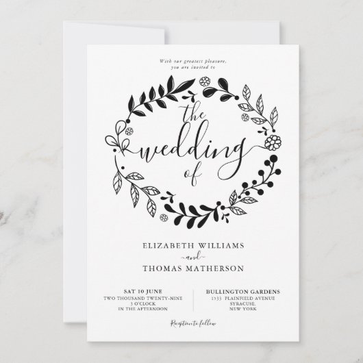 Zwart-wit Bloemen Garland Foto Bruiloft Invit Kaart (Voorkant)