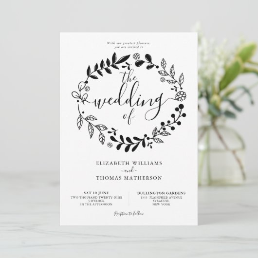 Zwart-wit Bloemen Garland Foto Bruiloft Invit Kaart (Staand voorkant)