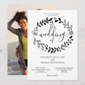 Zwart-wit Bloemen Garland Foto Bruiloft Invit Kaart (Voorkant / Achterkant)