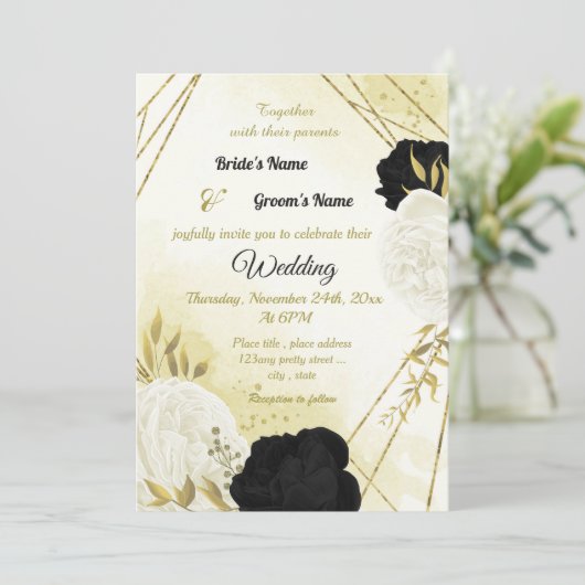 zwart wit bloemen gouden bladeren bruiloft kaart (Staand voorkant)