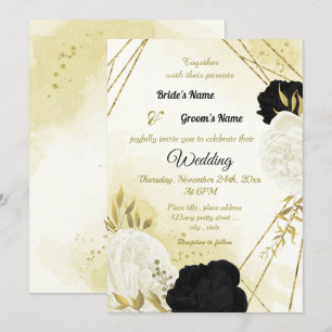 zwart wit bloemen gouden bladeren bruiloft kaart