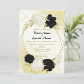 zwart wit bloemen gouden bladeren bruiloft kaart (Staand voorkant)