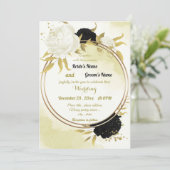 zwart wit bloemen gouden bladeren bruiloft kaart (Staand voorkant)