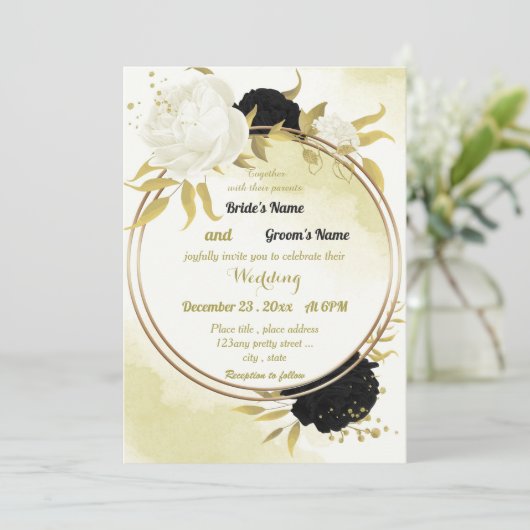 zwart wit bloemen gouden bladeren bruiloft kaart (Staand voorkant)