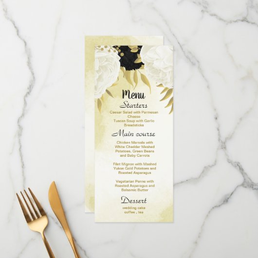 zwart wit bloemen gouden bladeren bruiloft menu (Voorkant / Achterkant in situ)