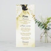 zwart wit bloemen gouden bladeren bruiloft menu (Staand voorkant)