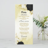 zwart wit bloemen gouden bladeren bruiloft menu (Staand voorkant)