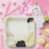 zwart wit bloemen gouden bladeren bruiloft papieren bordje (Feest)