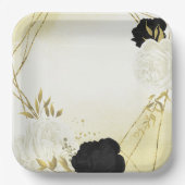 zwart wit bloemen gouden bladeren bruiloft papieren bordje (Voorkant)