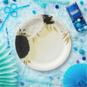 zwart wit bloemen gouden bladeren bruiloft papieren bordje (Feest)