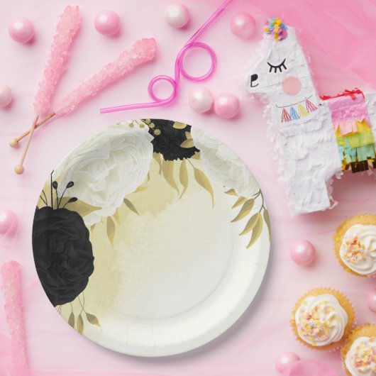 zwart wit bloemen gouden bladeren bruiloft papieren bordje (Feest)