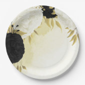 zwart wit bloemen gouden bladeren bruiloft papieren bordje (Voorkant)