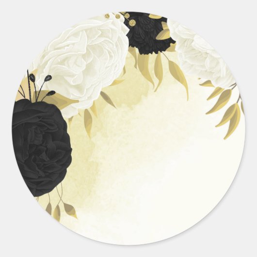 zwart wit bloemen gouden bladeren bruiloft ronde sticker (Voorkant)