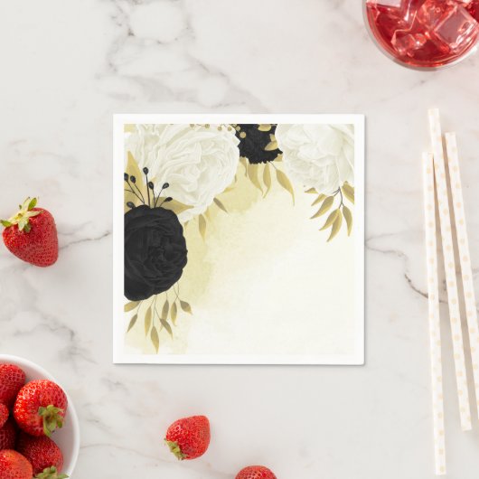 zwart wit bloemen gouden bladeren bruiloft servet (Insitu)